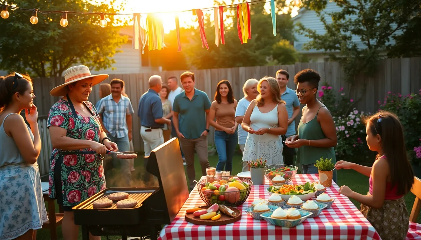 A backyard barbecue with diverse people enjoying homemade food and recycled decorations.