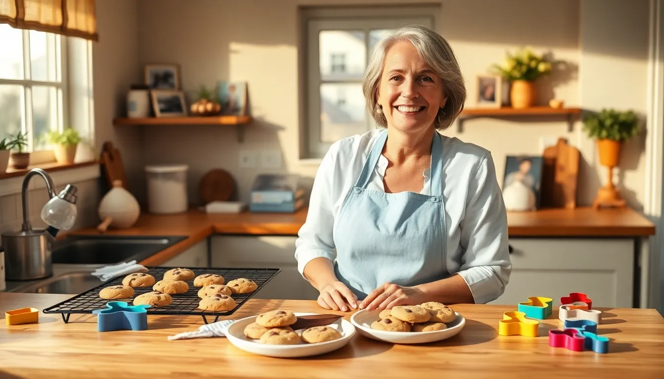 a woman joyfully baking cookies in a warm, sunlit kitchen.