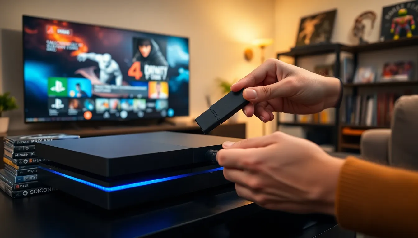 a gamer updating PS4 via USB in a cozy living room.